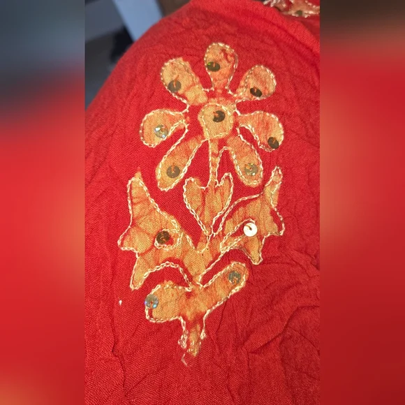 Red and Gold Flutter Sleeve Ruffled Blouse - Picture 5 of 6